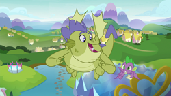 Size: 1280x720 | Tagged: safe, screencap, character:sludge, character:spike, species:dragon, episode:father knows beast, g4, my little pony: friendship is magic, balcony, duo, flying, male, ponyville, winged spike