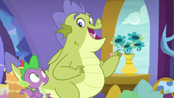 Size: 1280x720 | Tagged: safe, screencap, character:sludge, character:spike, species:dragon, episode:father knows beast, g4, my little pony: friendship is magic, duo, flower, male, smiling, vase, when he smiles, window, winged spike