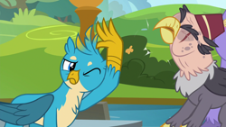 Size: 1280x720 | Tagged: safe, screencap, character:gallus, character:grampa gruff, species:griffon, episode:school daze, g4, my little pony: friendship is magic, chest fluff, claws, eyes closed, male, one eye closed, slap, this will end in pain, wings