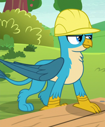 Size: 506x607 | Tagged: safe, screencap, character:gallus, species:griffon, episode:non-compete clause, g4, my little pony: friendship is magic, claws, clothing, construction, cropped, hard hat, hat, male, paws, solo, tail, wings