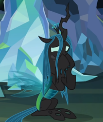 Size: 518x611 | Tagged: safe, screencap, character:ocellus, character:queen chrysalis, species:changedling, species:changeling, species:pony, species:reformed changeling, episode:what lies beneath, g4, my little pony: friendship is magic, season 8, adorkable, changeling queen, covering mouth, cropped, cute, cutealis, diaocelles, disguise, disguised changeling, dork, dorkalis, female, giggling, implied chrysalis, laughing, mare, nervous laugh, nightmare cave, raised hoof, shy, silly, silly pony, sitting, solo, spread wings, wings
