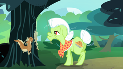 Size: 1440x808 | Tagged: safe, screencap, character:granny smith, species:earth pony, species:pony, episode:pinkie apple pie, g4, my little pony: friendship is magic, animal, female, mare, squirrel, stuck, sugar pine, tree, tree sap