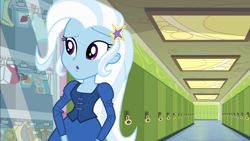 Size: 1920x1080 | Tagged: safe, screencap, character:trixie, equestria girls:equestria girls, g4, my little pony:equestria girls, canterlot high, crackers, cute, diatrixes, fall formal outfits, female, food, hallway, lockers, open mouth, peanut butter, peanut butter crackers, solo, vending machine