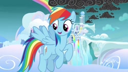 Size: 1920x1080 | Tagged: safe, screencap, character:rainbow dash, species:pegasus, species:pony, episode:school raze, g4, my little pony: friendship is magic, cloud, cloudsdale, cute, female, field trip, flying, mare, rainbow, rainbow waterfall, scattered thunderstorms, sky, solo, stormcloud, weather factory