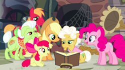Size: 1440x809 | Tagged: safe, screencap, character:apple bloom, character:applejack, character:big mcintosh, character:goldie delicious, character:granny smith, character:pinkie pie, species:earth pony, species:pony, episode:pinkie apple pie, g4, my little pony: friendship is magic, apple family, book, family, female, filly, foal, gramophone, male, mare, prone, reading, spider web, stallion