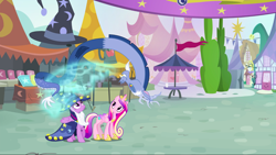 Size: 1440x811 | Tagged: safe, screencap, character:discord, character:princess cadance, character:twilight sparkle, character:twilight sparkle (alicorn), species:alicorn, species:draconequus, species:pony, episode:three's a crowd, g4, my little pony: friendship is magic, blue flu, clothing, fake beard, female, hat, health bubble, limbless, male, mare, star swirl the bearded costume, trio, wizard hat