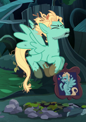 Size: 451x645 | Tagged: safe, screencap, character:zephyr breeze, species:pegasus, species:pony, episode:flutter brutter, g4, my little pony: friendship is magic, cropped, dirty, epic fail, eyes closed, fail, hair bun, male, messy mane, muddy hooves, stallion, wings