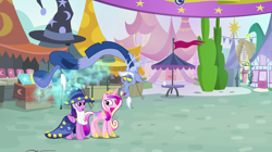Size: 1440x809 | Tagged: safe, screencap, character:discord, character:princess cadance, character:twilight sparkle, character:twilight sparkle (alicorn), species:alicorn, species:draconequus, species:pony, episode:three's a crowd, g4, my little pony: friendship is magic, blue flu, clothing, fake beard, female, hat, health bubble, limbless, male, mare, star swirl the bearded costume, trio, wizard hat