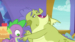Size: 1280x720 | Tagged: safe, screencap, character:sludge, character:spike, species:dragon, episode:father knows beast, g4, my little pony: friendship is magic, duo, male, open mouth, window, winged spike