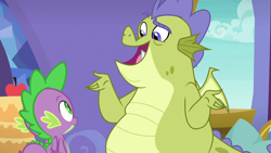 Size: 1280x720 | Tagged: safe, screencap, character:sludge, character:spike, species:dragon, episode:father knows beast, g4, my little pony: friendship is magic, duo, male, open mouth, raised eyebrow, shrug, window, winged spike