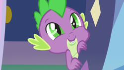 Size: 1280x720 | Tagged: safe, screencap, character:spike, species:dragon, episode:father knows beast, g4, my little pony: friendship is magic, baby, baby dragon, cute, doorway, gullible, male, naive, smiling, solo, spikabetes, twilight's castle, winged spike