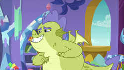 Size: 1280x720 | Tagged: safe, screencap, character:sludge, species:dragon, episode:father knows beast, g4, my little pony: friendship is magic, male, smiling, solo, window
