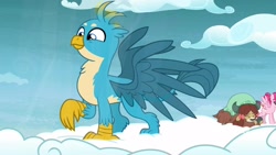 Size: 1920x1080 | Tagged: safe, screencap, character:bifröst, character:gallus, character:yona, species:griffon, species:pegasus, species:pony, species:yak, episode:school raze, g4, my little pony: friendship is magic, claws, cloud, cute, eyes closed, female, friendship student, gallabetes, hooves, horns, male, mare, on a cloud, smiling, spread wings, wings
