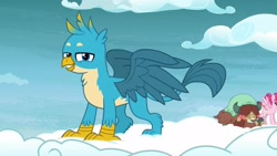 Size: 1920x1080 | Tagged: safe, screencap, character:bifröst, character:gallus, character:yona, species:griffon, species:pegasus, species:pony, species:yak, episode:school raze, g4, my little pony: friendship is magic, cloud, female, fourth wall, friendship student, grin, hooves, horns, male, mare, on a cloud, smiling, spread wings, wings