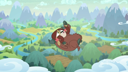 Size: 1920x1080 | Tagged: safe, screencap, character:yona, species:yak, episode:school raze, g4, my little pony: friendship is magic, bow, cloven hooves, falling, female, hair bow, monkey swings, mountain, peril, river, solo