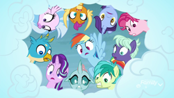 Size: 1920x1080 | Tagged: safe, screencap, character:bifröst, character:gallus, character:night view, character:november rain, character:ocellus, character:rainbow dash, character:sandbar, character:silverstream, character:smolder, character:starlight glimmer, species:changedling, species:changeling, species:dragon, species:griffon, species:hippogriff, species:pegasus, species:pony, species:reformed changeling, species:unicorn, episode:school raze, g4, my little pony: friendship is magic, cloud, dragoness, female, friendship student, hole, implied yona, looking down, male, mare, students, surprised, teenager