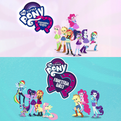 Size: 1920x1920 | Tagged: safe, screencap, character:applejack, character:fluttershy, character:pinkie pie, character:rainbow dash, character:rarity, character:spike, character:spike (dog), character:sunset shimmer, character:twilight sparkle, character:twilight sparkle (alicorn), character:twilight sparkle (scitwi), species:alicorn, species:dog, species:eqg human, species:pony, eqg summertime shorts, my little pony:equestria girls, boots, clothing, comparison, converse, cowboy hat, denim skirt, equestria girls logo, geode of fauna, geode of shielding, geode of sugar bombs, geode of super speed, geode of super strength, geode of telekinesis, hat, humane five, humane seven, humane six, intro, jeans, logo, magical geodes, my little pony logo, pants, ponied up, scitwilicorn, shirt, shoes, skirt, sneakers, stetson, t-shirt, vest