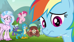 Size: 1920x1080 | Tagged: safe, screencap, character:bifröst, character:gallus, character:ocellus, character:rainbow dash, character:silverstream, character:smolder, character:yona, species:changedling, species:changeling, species:classical hippogriff, species:dragon, species:earth pony, species:griffon, species:hippogriff, species:pegasus, species:pony, species:reformed changeling, species:yak, episode:school raze, g4, my little pony: friendship is magic, background pony, bow, cloven hooves, colored hooves, discovery family logo, dragoness, female, flying, friendship student, hair bow, jewelry, looking at you, mare, monkey swings, necklace, raised eyebrow, students