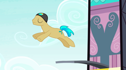 Size: 1440x809 | Tagged: safe, screencap, species:earth pony, species:pony, episode:leap of faith, g4, my little pony: friendship is magic, background pony, clothing, diving, eyes closed, hat, male, solo, springboard, stallion, swimming cap, unnamed pony