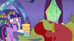 Size: 1280x720 | Tagged: safe, screencap, character:sludge, character:twilight sparkle, character:twilight sparkle (alicorn), species:alicorn, species:pony, episode:father knows beast, g4, my little pony: friendship is magic, cake, food, out of context