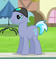 Size: 407x429 | Tagged: safe, screencap, species:earth pony, species:pony, episode:leap of faith, g4, my little pony: friendship is magic, background pony, clothing, cropped, eyes closed, hat, male, solo, stallion, swimming cap, unnamed pony