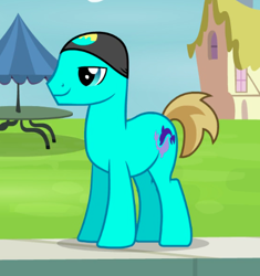 Size: 414x440 | Tagged: safe, screencap, species:earth pony, species:pony, episode:leap of faith, g4, my little pony: friendship is magic, background pony, clothing, cropped, eyes closed, hat, male, solo, stallion, swimming cap, unnamed pony