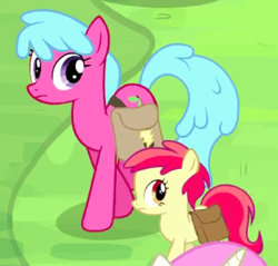 Size: 310x296 | Tagged: safe, screencap, character:liberty belle, character:twinkleshine, species:earth pony, species:pony, species:unicorn, episode:trade ya, g4, my little pony: friendship is magic, background pony, cropped, duo focus, female, filly, foal, iced berry, mare, recolor, saddle bag
