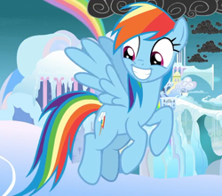 Size: 818x720 | Tagged: safe, screencap, character:rainbow dash, species:pegasus, species:pony, episode:school raze, g4, my little pony: friendship is magic, adorkable, cloudsdale, cropped, cute, cutie mark, dashabetes, dork, female, mare, smiling, solo, wings