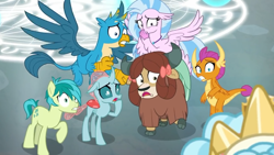 Size: 1280x720 | Tagged: safe, screencap, character:cozy glow, character:gallus, character:ocellus, character:sandbar, character:silverstream, character:smolder, character:yona, species:changedling, species:changeling, species:classical hippogriff, species:dragon, species:earth pony, species:griffon, species:hippogriff, species:pony, species:reformed changeling, species:yak, episode:school raze, g4, my little pony: friendship is magic, bow, chest fluff, claws, cloven hooves, crown, cutie mark, dragoness, female, floppy ears, flying, hair bow, hand over mouth, hoof over mouth, jewelry, magic, magic circle, male, monkey swings, paws, regalia, scared, shocked, student six, tail, teenager, toes, uh oh, wings