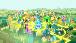 Size: 1440x810 | Tagged: safe, screencap, episode:inspiration manifestation, g4, my little pony: friendship is magic, crystal, gold, golden road, no pony, ponyville, ponyville schoolhouse, ponyville town hall, river, scenery, town, transformed