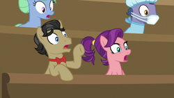 Size: 1280x720 | Tagged: safe, screencap, character:filthy rich, character:nurse tenderheart, character:spoiled rich, species:earth pony, species:pony, episode:where the apple lies, g4, my little pony: friendship is magic, bow tie, clothing, face mask, female, male, mare, open mouth, quartet, scrubs (gear), stallion, surgical mask, younger