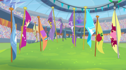 Size: 1440x807 | Tagged: safe, screencap, episode:equestria games, episode:rainbow falls, g4, my little pony: friendship is magic, appleloosa, canterlot, cloudsdale, cloudsdale flag, crystal empire, crystal stadium, dodge junction, flag, flags of equestrian regions, griffonstone, manehattan, ponyville, ponyville flag, stadium