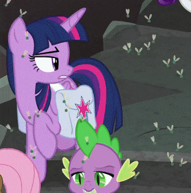 Size: 375x379 | Tagged: safe, screencap, character:fluttershy, character:rarity, character:spike, character:twilight sparkle, character:twilight sparkle (alicorn), species:alicorn, species:dragon, species:pony, episode:school raze, g4, my little pony: friendship is magic, animated, cropped, female, flies, fly-der, horses doing horse things, insect, mare, saddle bag, tail flick, winged spike