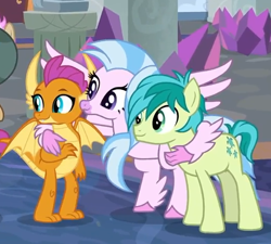 Size: 522x469 | Tagged: safe, screencap, character:sandbar, character:silverstream, character:smolder, species:classical hippogriff, species:dragon, species:earth pony, species:hippogriff, species:pony, episode:school raze, g4, my little pony: friendship is magic, claws, cropped, cutie mark, dragoness, female, male, smiling, teenager, wings