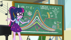 Size: 1920x1080 | Tagged: safe, screencap, character:twilight sparkle, character:twilight sparkle (scitwi), species:eqg human, episode:overpowered, g4, my little pony:equestria girls, chalkboard, clothing, female, geode of telekinesis, glasses, math, ponytail, skirt, solo