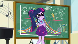 Size: 1920x1080 | Tagged: safe, screencap, character:twilight sparkle, character:twilight sparkle (scitwi), species:eqg human, episode:overpowered, g4, my little pony:equestria girls, chalkboard, clothing, female, geode of telekinesis, glasses, ponytail, skirt, solo