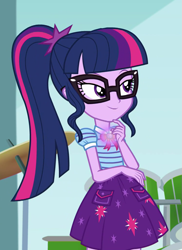 Size: 747x1028 | Tagged: safe, screencap, character:twilight sparkle, character:twilight sparkle (scitwi), species:eqg human, episode:overpowered, g4, my little pony:equestria girls, clothing, cropped, geode of telekinesis, glasses, ponytail, skirt, smiling, solo