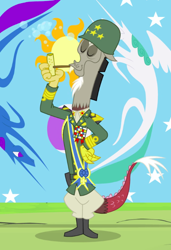 Size: 476x695 | Tagged: safe, screencap, character:discord, species:draconequus, episode:twilight's kingdom, g4, my little pony: friendship is magic, boots, bubble, bubble pipe, clothing, corncob pipe, cropped, equestrian flag, eyes closed, general discord, helmet, male, patton, pipe, shoes, solo, uniform