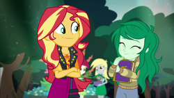 Size: 1920x1080 | Tagged: safe, screencap, character:derpy hooves, character:roseluck, character:sunset shimmer, character:wallflower blush, equestria girls:forgotten friendship, g4, my little pony:equestria girls, ^^, cute, eyes closed, flowerbetes, gardening, geode of empathy, happy, yearbook