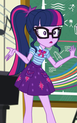 Size: 589x943 | Tagged: safe, screencap, character:twilight sparkle, character:twilight sparkle (scitwi), species:eqg human, episode:overpowered, g4, my little pony:equestria girls, clothing, cropped, female, geode of telekinesis, glasses, ponytail, skirt, solo