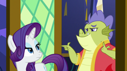 Size: 1280x720 | Tagged: safe, screencap, character:rarity, character:sludge, species:dragon, species:pony, species:unicorn, episode:father knows beast, g4, my little pony: friendship is magic, female, male, mare, punchable, rarity is not amused, unamused