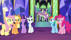 Size: 1280x720 | Tagged: safe, screencap, character:applejack, character:fluttershy, character:pinkie pie, character:rainbow dash, character:rarity, character:spike, character:twilight sparkle, character:twilight sparkle (alicorn), species:alicorn, species:dragon, species:pony, episode:father knows beast, g4, my little pony: friendship is magic, mane six, winged spike