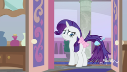 Size: 1920x1080 | Tagged: safe, screencap, character:rarity, species:pony, species:unicorn, episode:school raze, g4, my little pony: friendship is magic, bow, female, hairbrush, makeup, mare, messy tail, running makeup, solo, tail bow