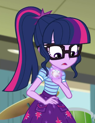 Size: 758x989 | Tagged: safe, screencap, character:twilight sparkle, character:twilight sparkle (scitwi), species:eqg human, episode:overpowered, g4, my little pony:equestria girls, clothing, cropped, female, geode of telekinesis, glasses, magical geodes, ponytail, skirt, solo