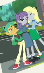Size: 204x337 | Tagged: safe, screencap, character:derpy hooves, character:maud pie, character:snails, equestria girls:forgotten friendship, g4, my little pony:equestria girls, boots, clothing, cropped, dress, female, male, pants, photo, sandals, shoes, skirt, smiling, socks, socks with sandals