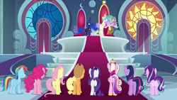 Size: 1920x1080 | Tagged: safe, screencap, character:applejack, character:fluttershy, character:pinkie pie, character:princess cadance, character:princess celestia, character:princess luna, character:rainbow dash, character:rarity, character:spike, character:starlight glimmer, character:twilight sparkle, character:twilight sparkle (alicorn), species:alicorn, species:dragon, species:earth pony, species:pegasus, species:pony, species:unicorn, episode:school raze, g4, my little pony: friendship is magic, back of head, canterlot castle, canterlot throne room, ethereal mane, female, flying, glimmer glutes, hoof shoes, line-up, male, mane eight, mane seven, mane six, mane six plots, mare, plot, plot line, plotline, rainbutt dash, throne, throne room, twibutt, winged spike