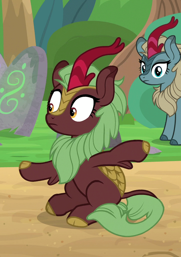 Size: 723x1026 | Tagged: safe, screencap, character:cinder glow, character:sparkling brook, character:summer flare, species:kirin, episode:sounds of silence, g4, my little pony: friendship is magic, animated, background kirin, charades, cinderbetes, cloven hooves, club can't handle me, cropped, cute, female, flailing, frown, gif, hooves, leg fluff, noodle arms, silly, sitting, wide eyes