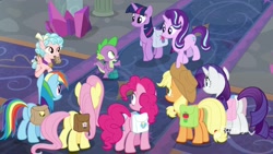 Size: 1920x1080 | Tagged: safe, screencap, character:applejack, character:cozy glow, character:fluttershy, character:pinkie pie, character:rainbow dash, character:rarity, character:spike, character:starlight glimmer, character:twilight sparkle, character:twilight sparkle (alicorn), species:alicorn, species:dragon, species:pegasus, species:pony, episode:school raze, g4, my little pony: friendship is magic, female, filly, mane seven, mane six, mouth hold, paper bag, plot, saddle bag, winged spike