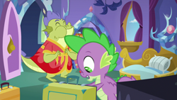 Size: 1280x720 | Tagged: safe, screencap, character:sludge, character:spike, species:dragon, episode:father knows beast, g4, my little pony: friendship is magic, male, spike's room, winged spike, wings