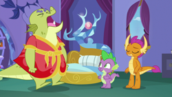 Size: 1280x720 | Tagged: safe, screencap, character:sludge, character:smolder, character:spike, species:dragon, episode:father knows beast, g4, my little pony: friendship is magic, clothing, dragoness, female, male, robe, winged spike, wings